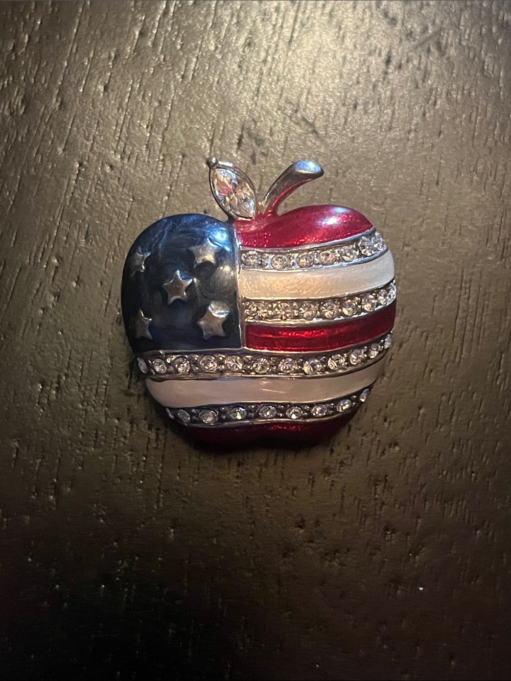 Patriotic Apple Rhinestone Pin Brooch - Red, White & Blue